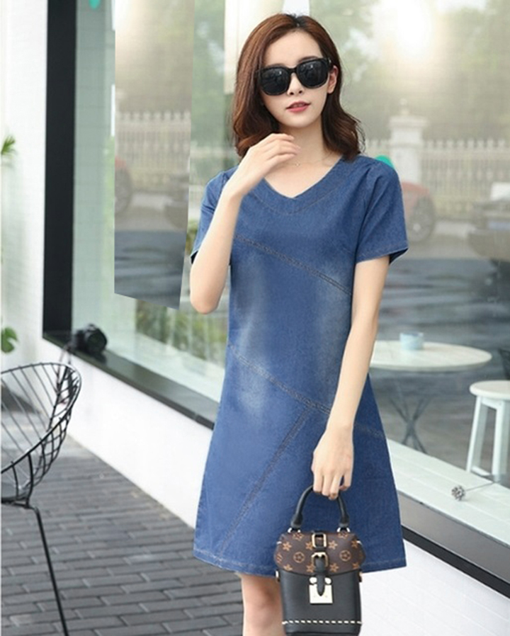 ĐẦM JEAN SUÔNG CỔ TIM FORM A CHỈ NỔI CÁCH ĐIỆU